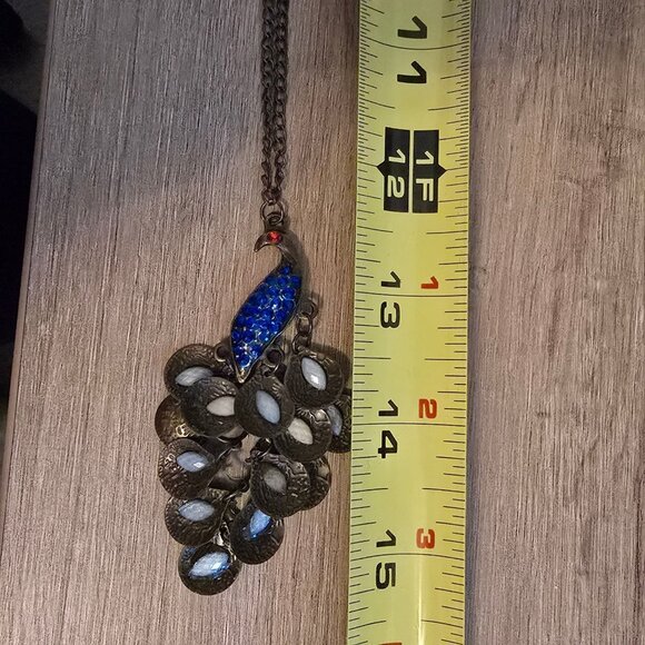 Peacock Pendant Necklace With Bronze Chain & Blue Rhinestones 24" - Picture 7 of 7